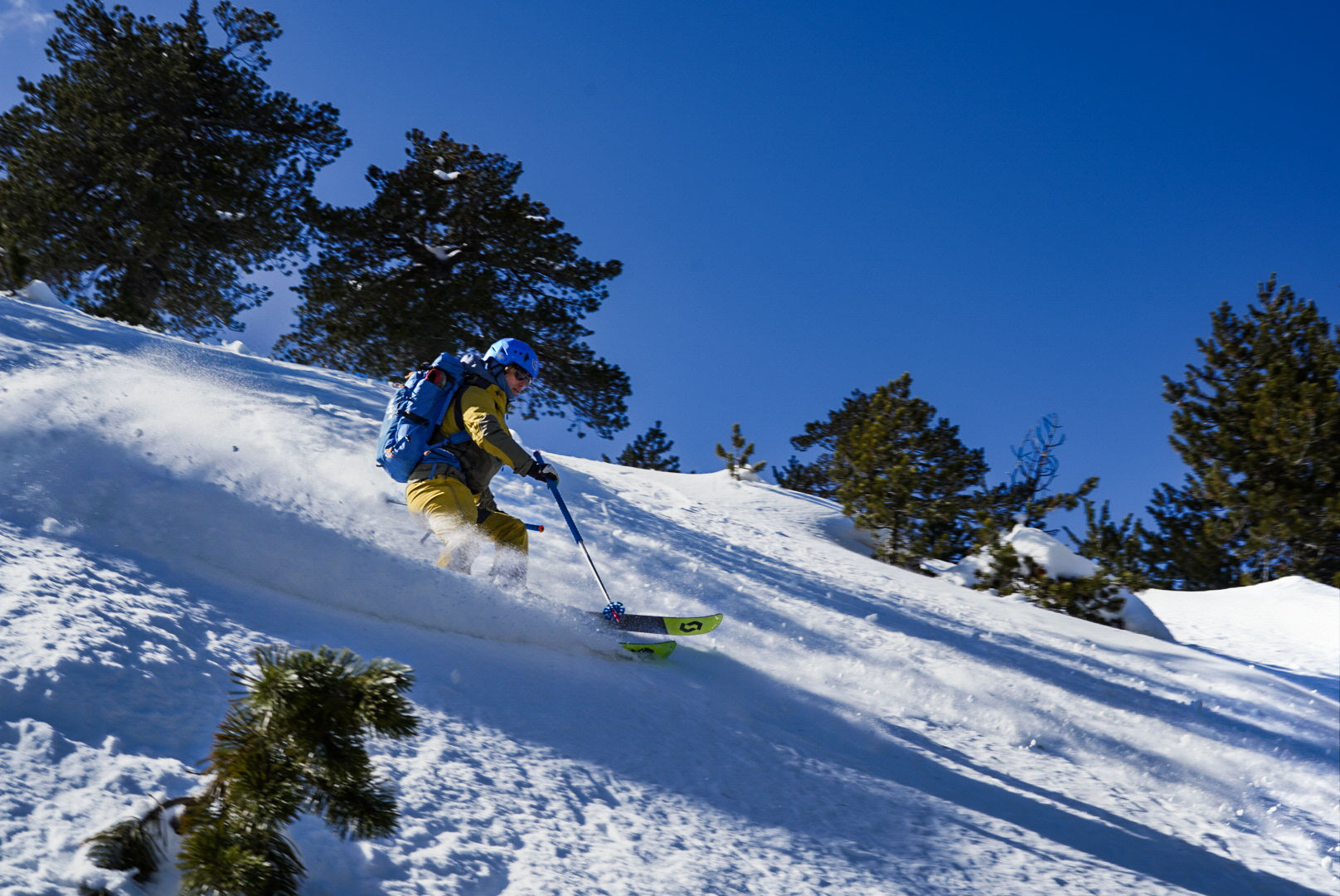 Virage sous les pins, pinde — périvoli et vasilitsa, lors d’une itinérance à ski en Grèce.